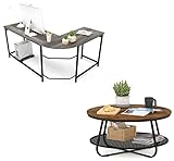 Teraves Modern L-Shaped Desk Corner Computer Desk and Industrial Coffee Table for Living Room