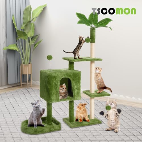 Image of 52inch Large Cat Tree Tower Condo with Hammock for Indoor Cats, Soft Plush Multi-Level Climbing Tree Cat House with Cat Cave, Scratching Post, Sisal Rope, Green