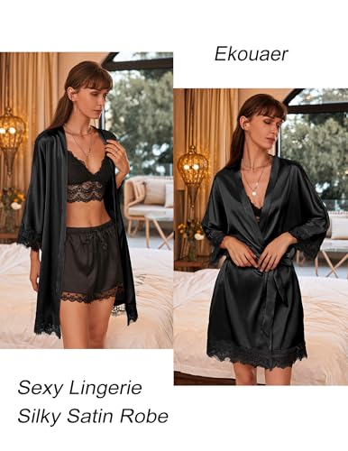 Image of Ekouaer Womens Silk Robes Short Lace Trim Satin Bride Bathrobe with Pockets