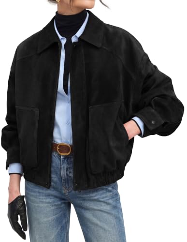 GRACE KARIN Women's Faux Suede Jacket Fall Long Sleeve Coat Black M