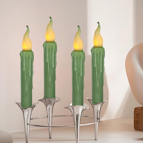 Image of Real Wax LED Flameless Short Taper Candles with Remote, 6.7 Inches Grass Green Candlesticks, Dripless Battery Operated Flame Rustic Primitive Flameless Spring Candles for Home, Pack of 4