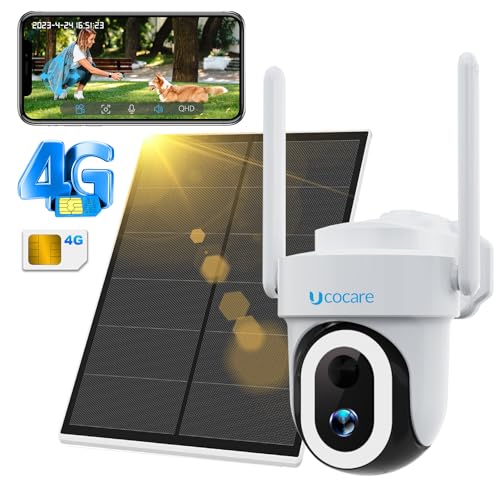 UCOCARE Überwachungskamera Aussen mit SIM Karte, 4MP Solar Überwachungskamera Aussen ohne WLAN, 8W Solarpanel, 15000mAh Akku, 360° PTZ Schwenkbar, 30m Farb-Nachtsicht, AI Erkennung, IP67