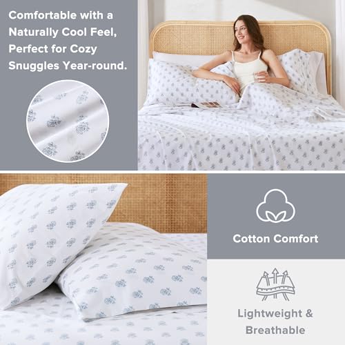 Comfort Spaces 100% Cotton Sheets Queen, Breathable, Naturally Cool Cotton Sheets, Soft Cotton Bed Sheets with 14" Elastic Pocket Fits up to 16" Mattress, All Seasons Sheet Set, Floral Blue 4 Piece