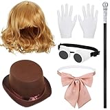 Toulite Top Hat Costume Set, Includes Brown Top Hat, Chocolate Men Wig, White Gloves, Bow Tie, Goggles, Walking Scepter for Halloween, X-Large, Black Gold Brown