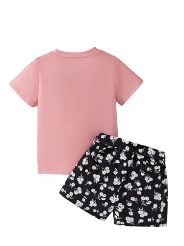 Image of Girl's 2 Pcs Outfits Short Sleeve Graphic T-Shirt Top and Paperbag Waist Shorts Set with Belt