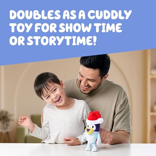 Image of Bluey Toddler Plush Toys Pack of 2, 7-8 inch, Soft, Festive Holiday Season Plush Figure Toys with Santa Hats, Cuddly Plush Animals for Kids Ages 3+ | Soft deluxe fabric with embroidered detail, portable size; Bluey Christmas gift for kids ages 3+