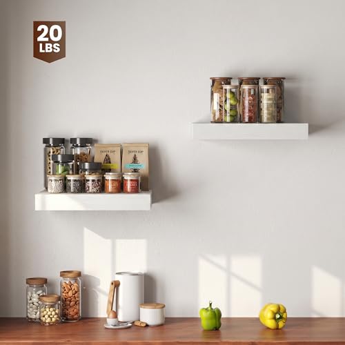 Image of Dreamland 16 inch Floating Shelves for Wall, 12 inch Deep Thicker White Floating Shelves, Wall-Mounted Shelves for Bedroom, Living Room, Kitchen, Bathroom - Set of 3