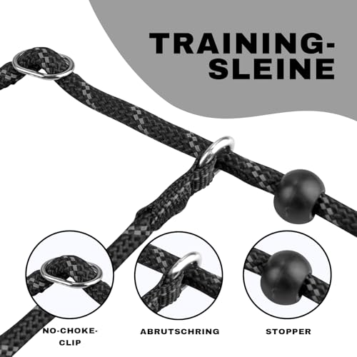 Arblina Retrieverleine mit Zugstopp, Retrieverleine für Kleine/Mittlere/Große Hunde mit Doppelten Griffen, Training Hundeleine mit Hi-vis Licht-Reflektierendem Design, Slip Lead for Dog, Schwarz, 1.3m