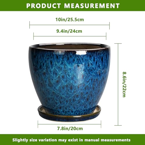 EPFamily 10 Inch Ceramic Planter Pot Round Plant Pot for Indoor Plants Outdoor Large Flower Pot with Drainage Hole and Saucer Blue by EPFamily - Image 3