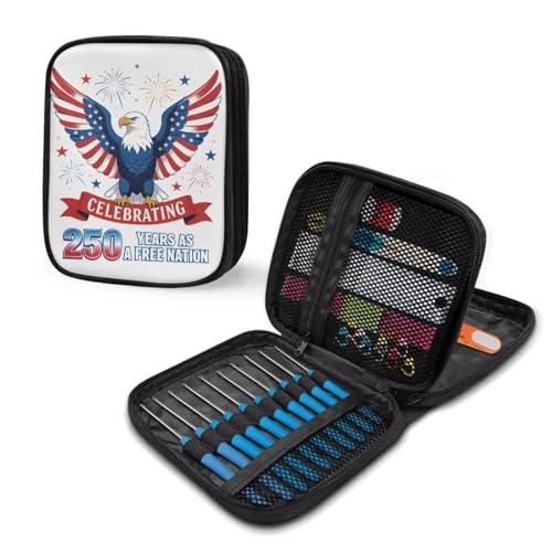 Image of Vanideaoty American Flag Crochet Hook Case Holiday Knitting Needle Storage with Web Pockets for 250th Anniversary Home Gifts