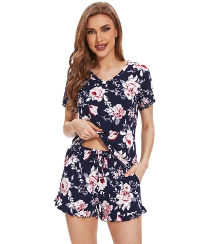 Image of WiWi Womens Pajamas Set Bamboo Viscose Super Soft Short Sleeve Top Ruffle Shorts Sleepwear Cooling Pj Sets S-XXL