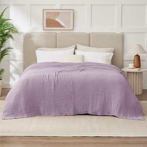 Image of 100% Cotton Muslin Blanket Queen 90 inch x 90 inch, 6 Layers Breathable and Lightweight Cotton Throw Blanket for Bed, Soft Quilt Bedspread Coverlet, Gauze Blanket for Adults All Season, Lavender