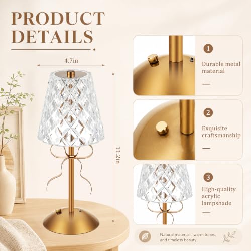 Image of Liliful 2 Pcs Cordless Table Lamp Rechargeable Touch LED Small Gold Portable Battery Operated USB-c Desk Lamp 3 Color Dimmable for Bedroom Living Room Dining (Gold,Diamond Style Bow)