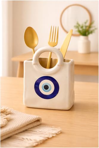 Image of Ceramic Utensil Holder, White Kitchen Organiser, Cutlery Set Holder (Evil Eye)