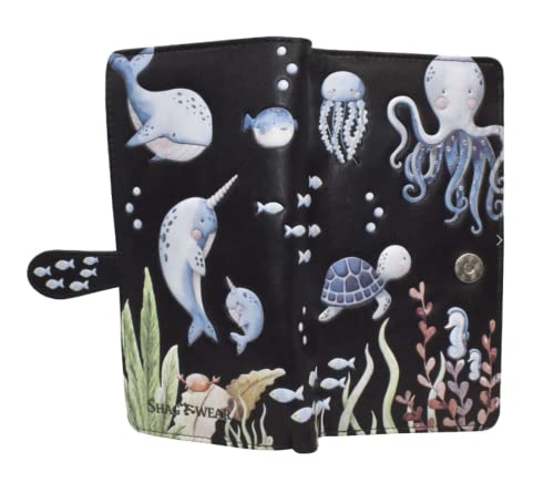 Shag Wear Under the Sea Life Octopus Narwhal Jellyfish Sea Horse Large Wallet for Women Vegan Faux Leather Black 7
