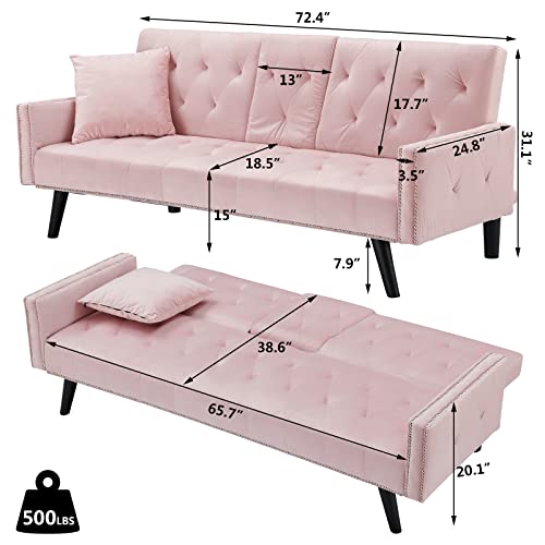 Betoko 72" Velvet Futon Couch Living Room Tufted Convertible Sleeper Sofa Bed With Cup Holder For Bedroom Small 2 Seater Sofas Couch With Nailhead Trim And Solid Wood Legs For Small Space (Pink) #TOP2