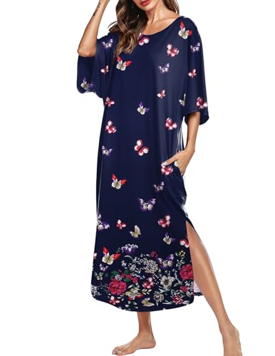 Image of Ekouaer Women's Nightgown Short Sleeve Sleepshirt Long Loungewear Casual Maxi Lounge Dress House Dresses with Pockets