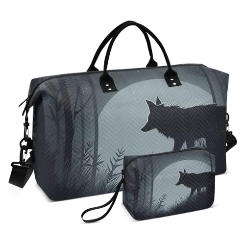 Large Travel Duffel Bag, Night and Wolf Sports Tote Gym Bag, Shoulder Weekender Overnight Bag for Women Men, Carry On Luggage with Toiletry Bags