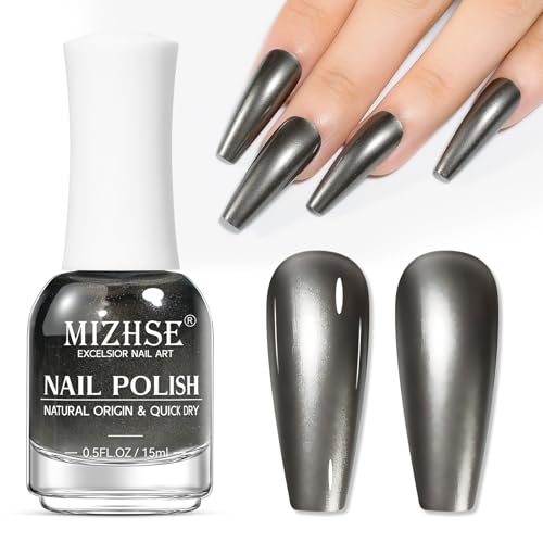 MIZHSE Dark Grey Mirror Nail Polish Quick Dry Metallic Nail Polish Air Dry Fast Chrome Nail Lacquer Black Oil-based Nail Art Manicure DIY Home