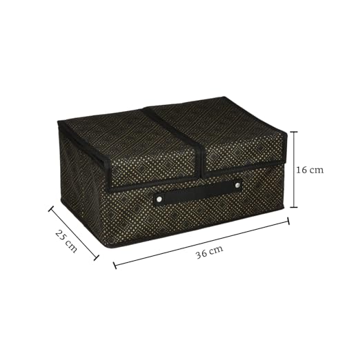 Image of Amazon Brand - Solimo Double Lid Foldable Storage Box | Toys Storage Bin | Wardrobe organizer for Clothes | Front Handle | Stackable Rack | 36 x 25 x 16 cm (Golden Dot, Black)