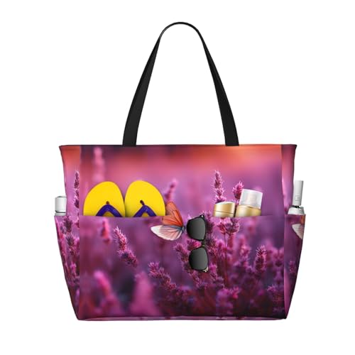 Purple Tulip Butterfly Print Large Capacity Foldable Washable Zipper Beach Travel Tote Bag ShoppingBag