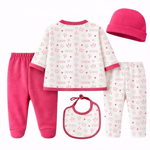 Image of Kidbee Baby Clothing Gift Set for Boys & Girls, 5 Piece Newborn Clothing Combo with Front Open Top, Pajama, Printed Pant, Cap & Bib, Soft Cotton, 0-6 Months Baby