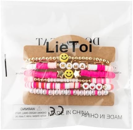 LieToi 7Pcs Preppy MAMA Heishi Bracelets Set Hot Pink Smile Heart Star Beaded Surfer Bracelets Gifts for Mom Polymer Clay Pearl Stackable Summer Beach Boho Layering Stretch Birthday Mothers Day Gifts,