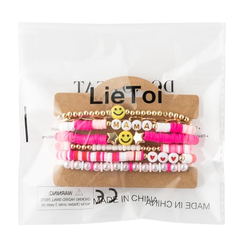 LieToi 7Pcs Preppy MAMA Heishi Bracelets Set Hot Pink Smile Heart Star Beaded Surfer Bracelets Gifts for Mom Polymer Clay Pearl Stackable Summer Beach Boho Layering Stretch Birthday Mothers Day Gifts,
