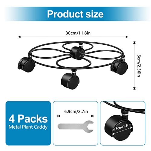 Vrisa Plant Caddy With Wheels Rolling Plant Stand 4 Packs, 12" Plant Roller Base Plant Stand Indoor Plant Dolly With Lockable Caster Heavy Duty 12" Rolling Plant Stand Black Tray For Patio Flower Pot #TOP1