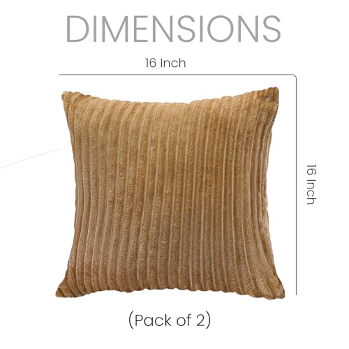 Image of Yellow Weaves Pencil-Stripe Fur Cushion Covers | Soft Polyester | Decorative Sofa & Throw Pillow Covers | 16x16 Inches, Pack of 2 (Golden Brown)
