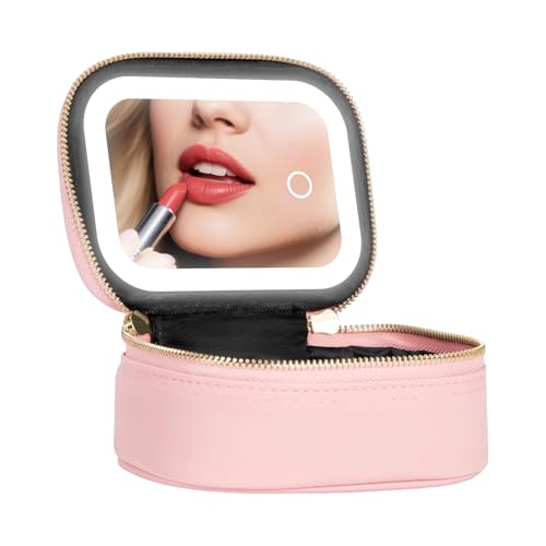 Bolsa de maquillaje con espejo, maletín de cosméticos portátil, 3 niveles de brillo ajustable, espejo LED, bolsa de maquillaje, para mujeres, adolescentes, viajes, tren, piscina, , maquillaje
