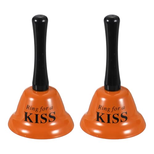 PATIKIL 2Pcs Hand Bell, 3" Small Service Call Bell with Handle Metal Ringing Loud Jingle for Wedding Restaurant Hotel Senior Bedside Classroom Dinner Pet Animal Training(KISS, Orange)