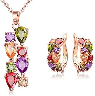 baobei crystal necklace for women jewellery set rose gold plated silver multicolor Cubic Zirconia pendant necklace and stud earrings Jewellery gift for women girls with silver chain jewellery box