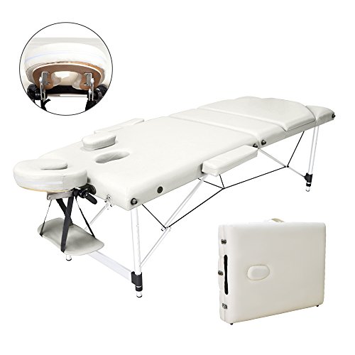 Vesgantti Portable Massage Bed Table - 3-Section Aluminium Foldable Beauty Couch for Reiki Therapy Treatment Salon Healing - Metal Headrest Support/with Carry Bag (Beige White)
