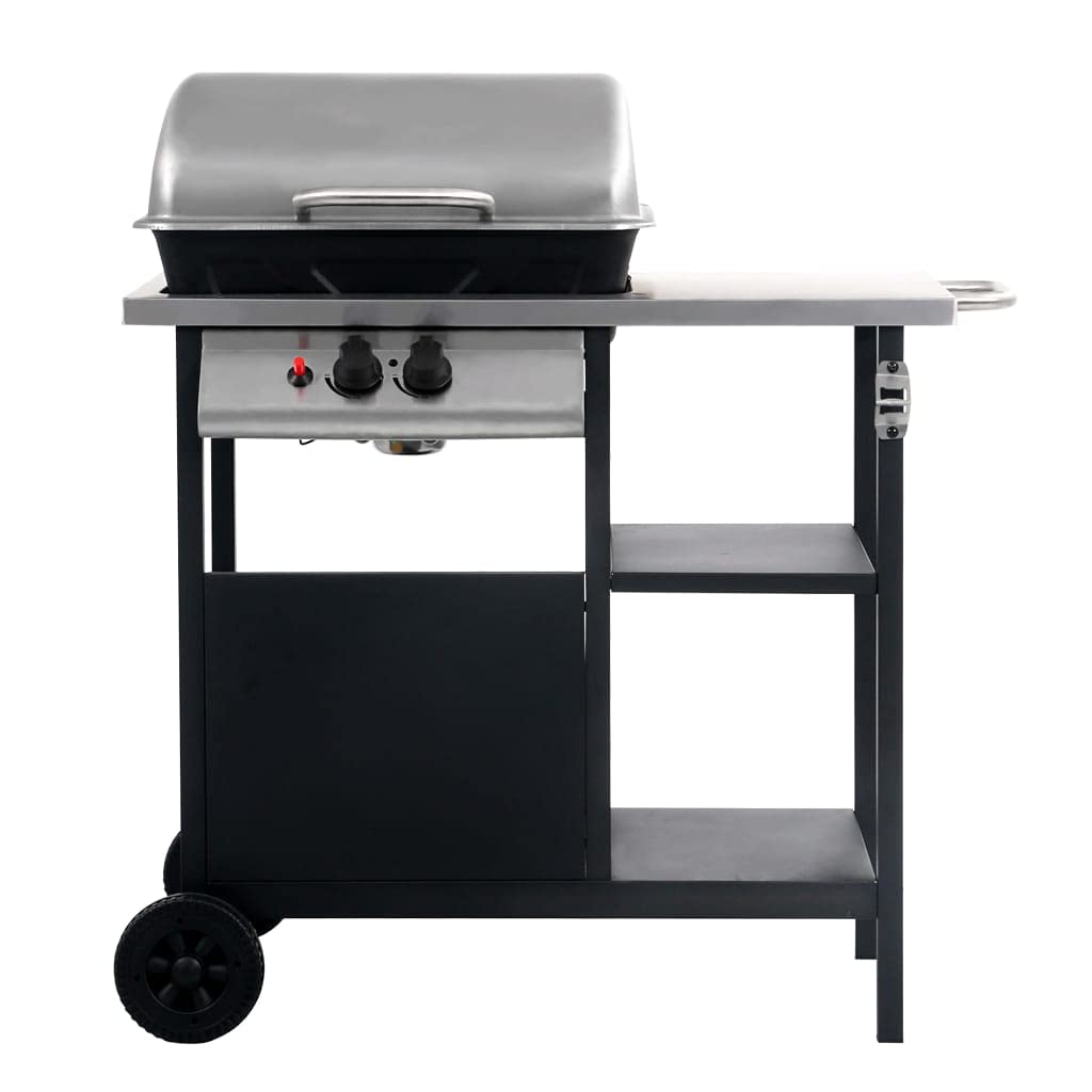 Grill gazowy ze stolikiem pomocniczym, na 3 poziomach, czarny i srebrny, stal malowana proszkowo, stal nierdzewna, 92 x 53 x 96 cm, ruszt do grillowania 49 x 33 cm, moc 5,5 kW