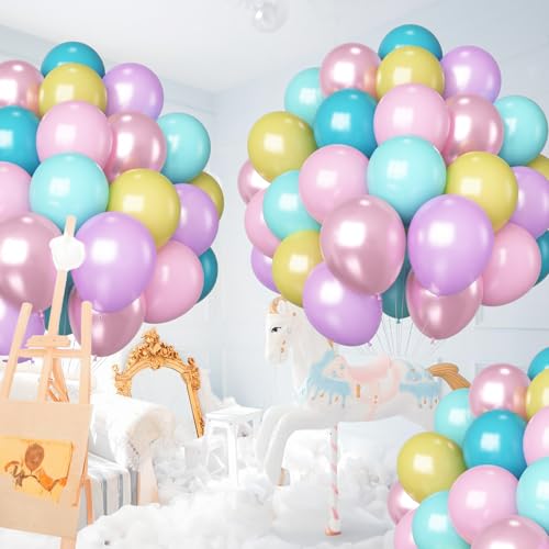 Image of HILAVO Pastel Balloons 60 Pcs Metallic Pink Purple Teal Blue Yellow Multicolor Latex Balloon Macaron Rainbow Pastel Color Party Balloons for Girls Birthday Baby Shower Bridal Wedding Party Decorations