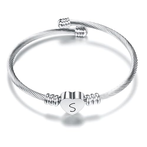 Suonie Plata Amor Corazón 26 Letra Inicial Alfabeto A-Z Pulsera Joyería Regalo Ajustable Para Hija Hijo Hermanas Amigos Madre Colega Amante Cumpleaños Navidad (S)
