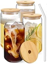 KiKiluxxa Ice Juice Drinks Glass Can Mug with Straw for Milk/Coffee/Green Tea Cup Set of 1-510ml Transparent Printed Can Shape Cup (Pack of 1) (Wooden LID CAN) (Halifax Plain Tumbler 1)