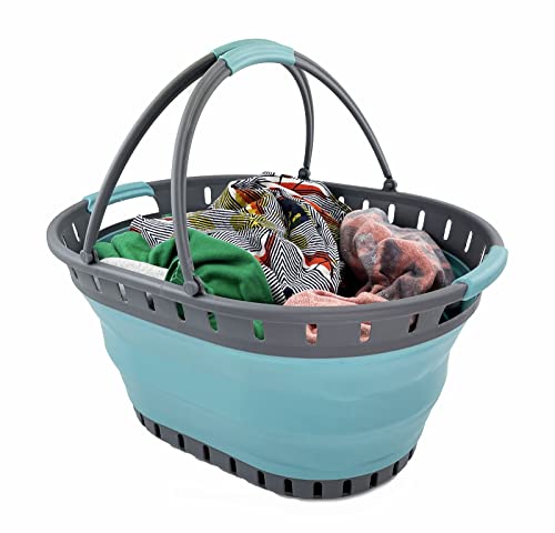 SAMMART 25L (6.6 gallons) Collapsible Plastic Laundry Basket with Handle - Foldable Pop Up Storage Container/Organizer - Portable Shopping Basket - Pop up saving (Grey/Crystal Blue)