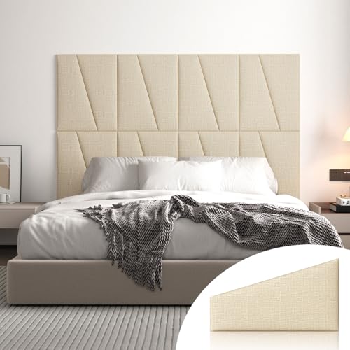 peaudny Peel and Stick Headboard for Queen Bed Linen Fabric Upholstered Wall Mounted Headboard - Wall Padding Panel in Beige for Bedroom/Living Room/Dorm (6 Panels)