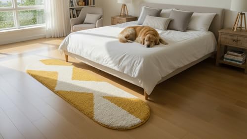 Image of Fluffy Silky Micro Fiber Polyster Carpet /Runner for Bedroom, Study Room, Playing Room, Guest Room ETC. 2x5 Feet, (Yellow and Ivory Chevron Pattern)