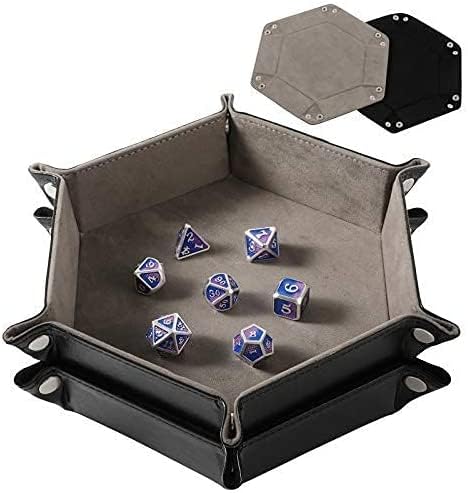 THE WHITE SHOP 2 Pcs Dice Tray Dice Rolling Holder Portable Folding Hexagon Tray Dice Mat for RPG and DND Table Games PU Leather and Velvet Holder Storage Box (Black and Gray)