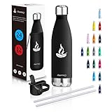 Baomay Botella Agua Acero Inoxidable Termo con Pajita 500ml - Doble Aislamiento Frascos Termica para Niños, Bici Deporte, Gimnasio, Oficina | Reutilizable Botella Térmicos Frio Sin BPA (Negro)