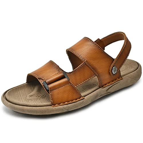 Sandals Men ' s Cowhide Casual Beach Shoes Genuine Leather Thick Sole Anti Slip Male Toe Shoes Black Brown(43)