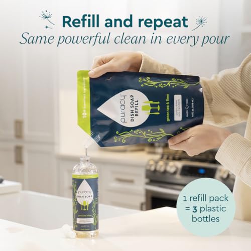Puracy 100% Natural Liquid Dish Soap - No Sulfates (SLS, SLES, SCS) - THE BEST Dishwashing Detergent - Extra Suds - Won't Dry Your Hands Out - Vegan, Gluten-Free, Safe - Green Tea & Lime - Pack of 3