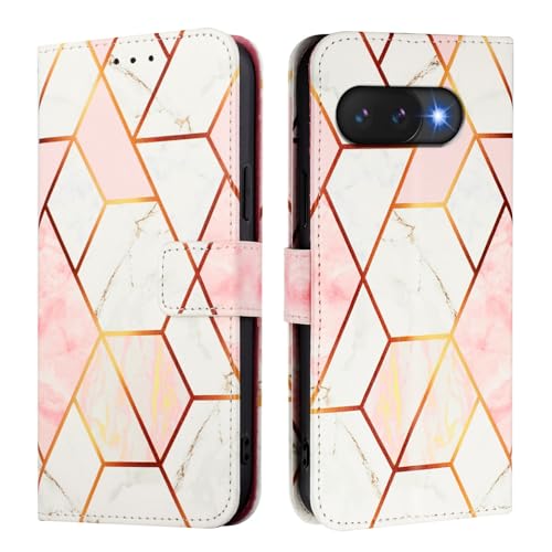 SptPofp for Googe Pixel 9A Case Leather Wallet, Marble Pattern Flip Folio Cover PU Leather Kickstand Card Slots Holder Magnetic Clasp Shockproof Protective Phone Case for Women Men,White