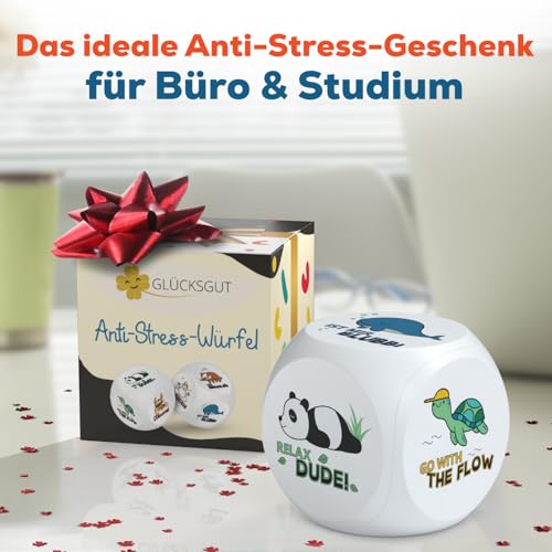 GLÜCKSGUT® Anti-Stress-Würfel | Chill Out | Lustiger Stresswürfel | 6 Motive, Geschenkbox & Anleitung | Spielzeug für Stressabbau, Kollegen & Büro Geschenk