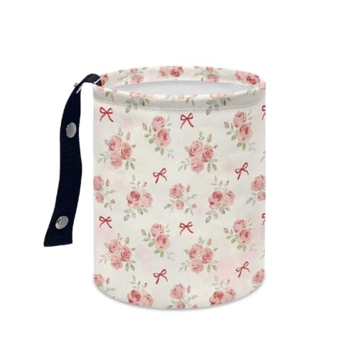 Image of Pink Flower Bow Car Trash Can Collapsible Hanging Portable Dustbin Bin Waste Basket for Women Car Accessories Interior Small Trash Can for SUV Trucks