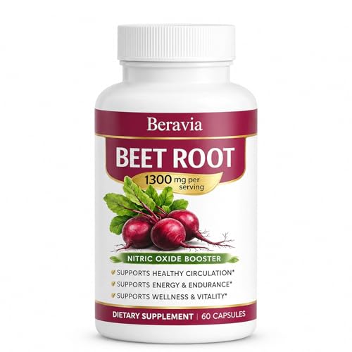 Beravia Organic Beetroot Capsules 1300mg, Help Boost Energy and Improve Blood Circulation, Vegan, Non-GMO, and Gluten-Free - 60 Capsules