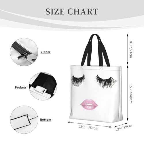 Eyelash Lip White Print Tote Bags, Large Capacity Zipper Shoulder Bag, For Shopping, Work, Daily4